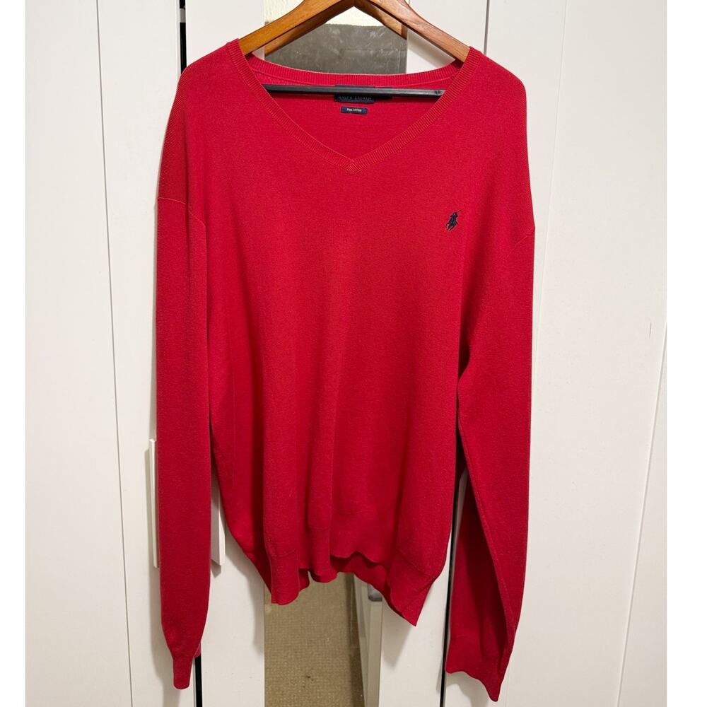 Polo Ralph Lauren Red V-Neck Pima Cotton Knit Sweater Classic Pony Logo Size XXL